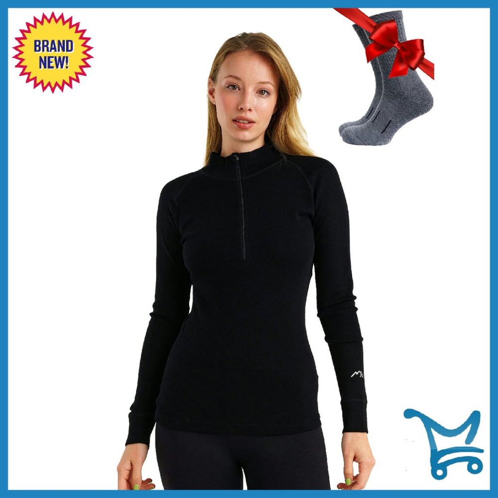 Merino Wool Half Zip Base Layer Top - Midweight Thermal Shirt